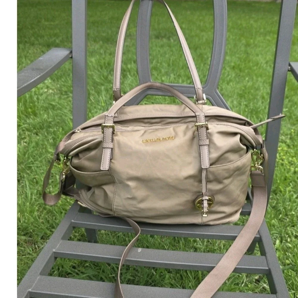 Michael Kors Nylon Diaper Bag Tan Khaki Gold Hardware Tote Crossbody Handbag